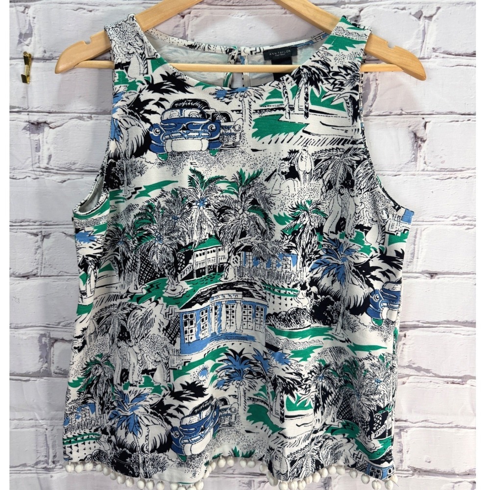 Ann Taylor Tank Top Womens M Tropical Print Coastal Pom Pom Hem Keywhole Back - Picture 7 of 9